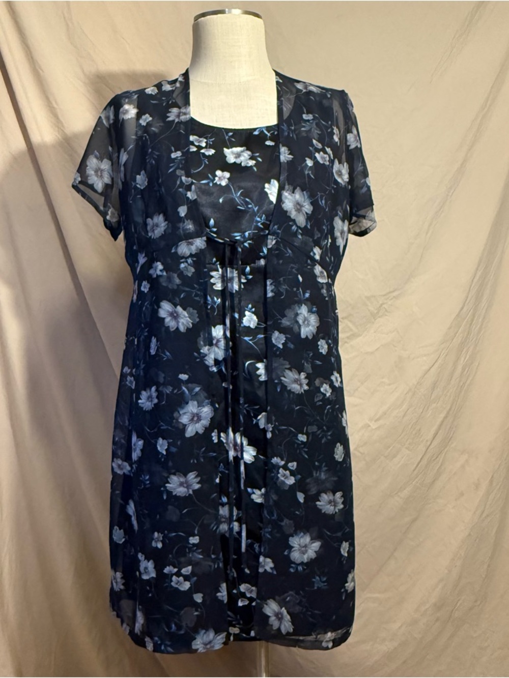 Navy Floral Overlay Dress with Sheer Short Sleeves